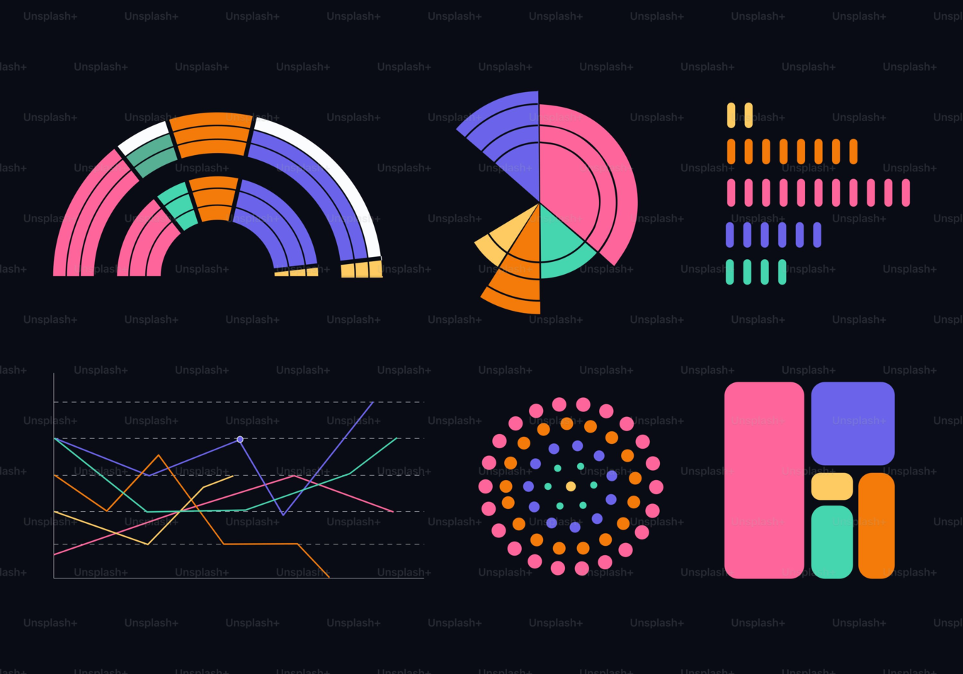 Abstract data visualisations - gauge, radial, bar, line and block charts on a dark background